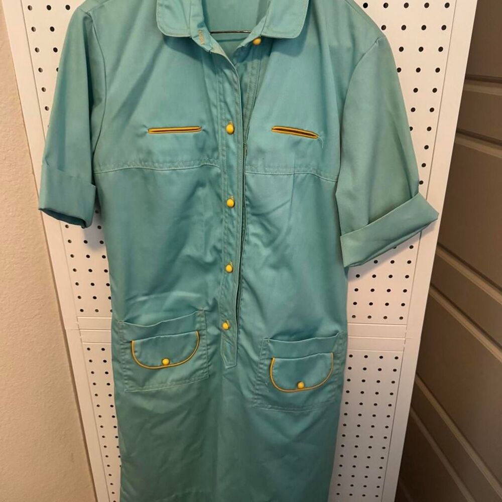 Vintage 1960s Turquoise Mod Shirt Dress Yellow Piping